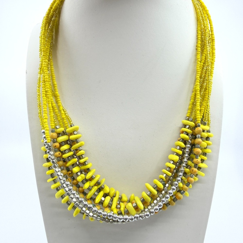 VTG Yellow Multi Strand Seed Bead Statement Necklace Silver Tone Accent Retro